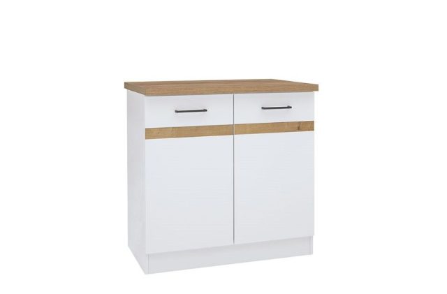 JUNONA LINE - D2D/80/82 - Kétajtós alsószekrény elem (fényes fehér/aranytölgy)