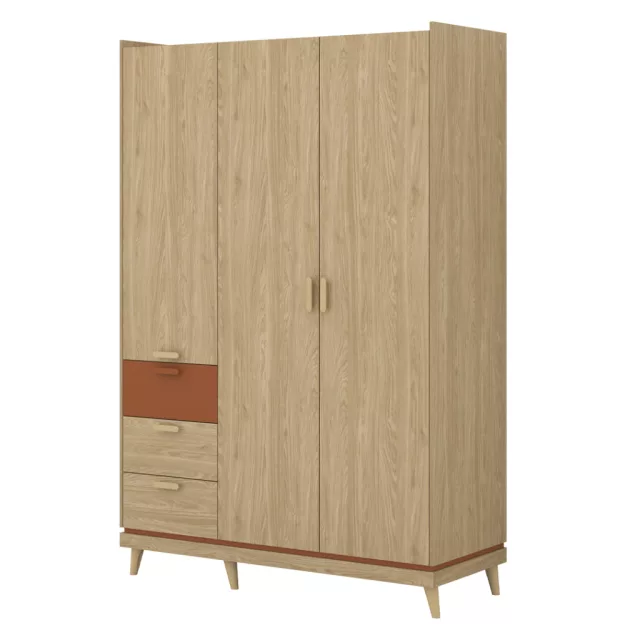 Scandi három ajtós, három fiókos gardróbszekrény (24D5OH19) - téglavörös/tölgy