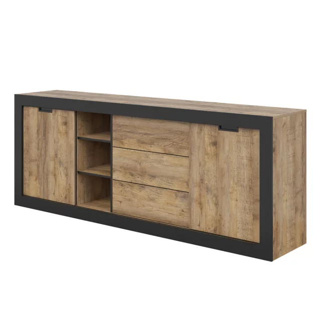 Tudor két ajtós, három fiókos tálalószekrény (24WSNZ25) - szamdal tölgy/matt fekete