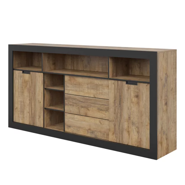 Tudor 2 ajtós, 3 fiókos tálalószekrény (24WSNZ43) - szamdal tölgy/matt fekete