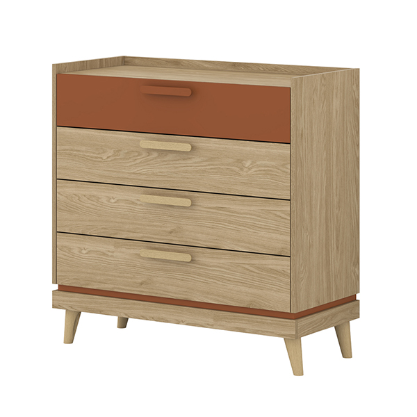 Scandi négy fiókos komód (24GDOH27) - téglavörös/tölgy
